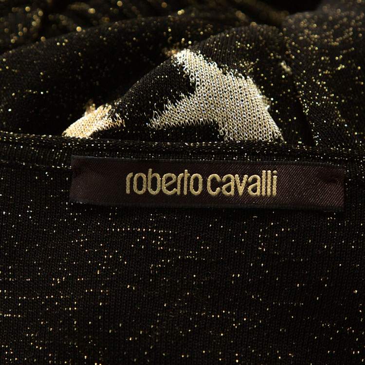 Pre Owned Roberto Cavalli Black & Gold Star Lurex Rib Knit Sleeveless Gown M