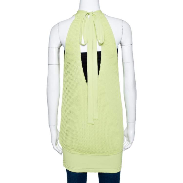 Pre Owned Roberto Cavalli Lime Green Knit Neck Tie Detail Backless Tunic Top M
