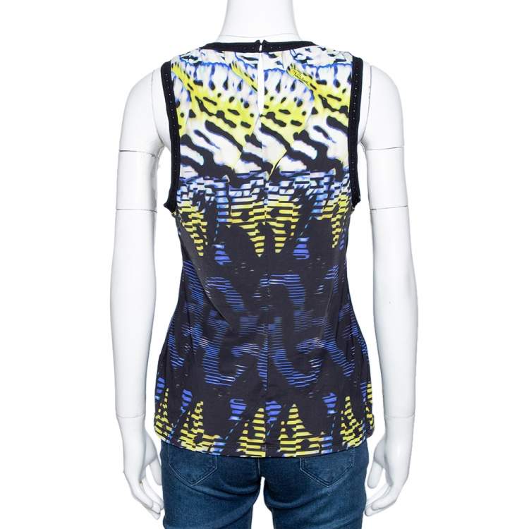 Pre Owned Roberto Cavalli Black Printed Stretch Jersey Sleeveless Top M