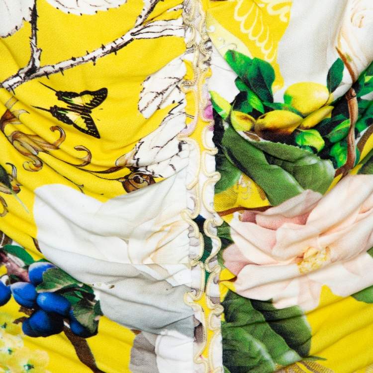 Pre Owned Roberto Cavalli Yellow Wonderland Floral Print Lace Detail Top L