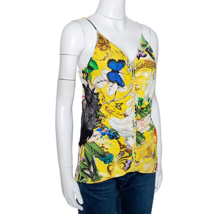 Pre Owned Roberto Cavalli Yellow Wonderland Floral Print Lace Detail Top L
