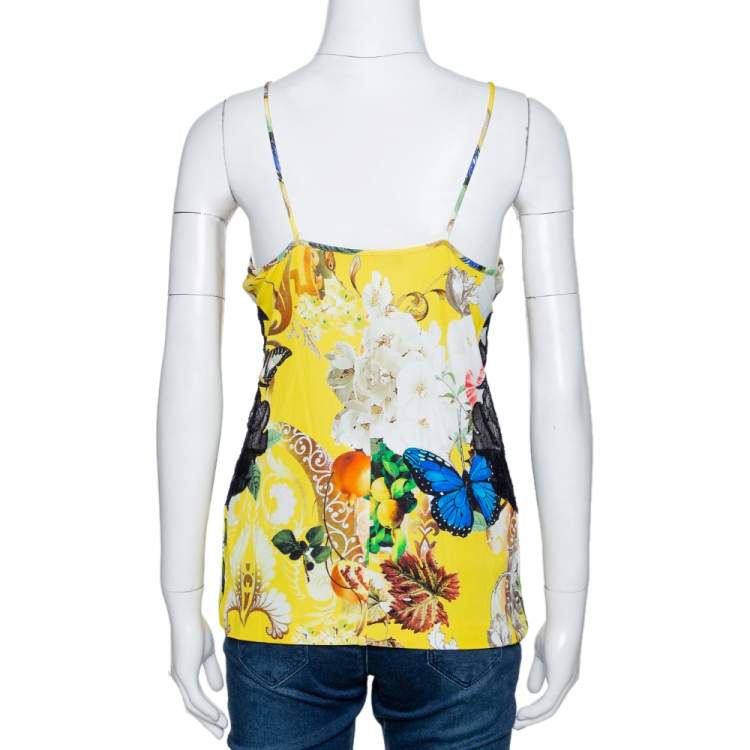 Pre Owned Roberto Cavalli Yellow Wonderland Floral Print Lace Detail Top L