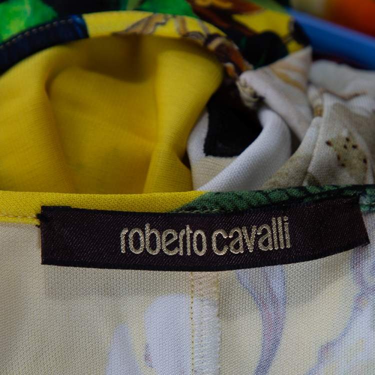 Pre Owned Roberto Cavalli Yellow Wonderland Floral Print Lace Detail Top L