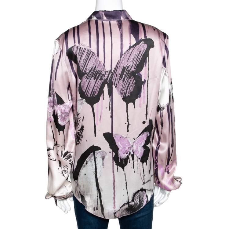 Pre Owned Roberto Cavalli Pale Pink Butterfly Print Silk Long Sleeve Shirt L
