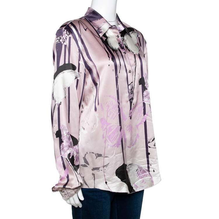 Pre Owned Roberto Cavalli Pale Pink Butterfly Print Silk Long Sleeve Shirt L
