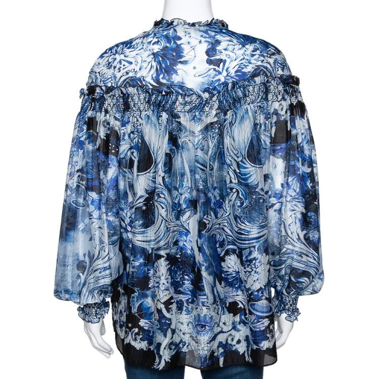 Pre Owned Roberto Cavalli Blue Printed Silk Ruffled Blouse S
