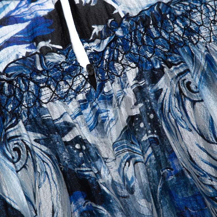 Pre Owned Roberto Cavalli Blue Printed Silk Ruffled Blouse S