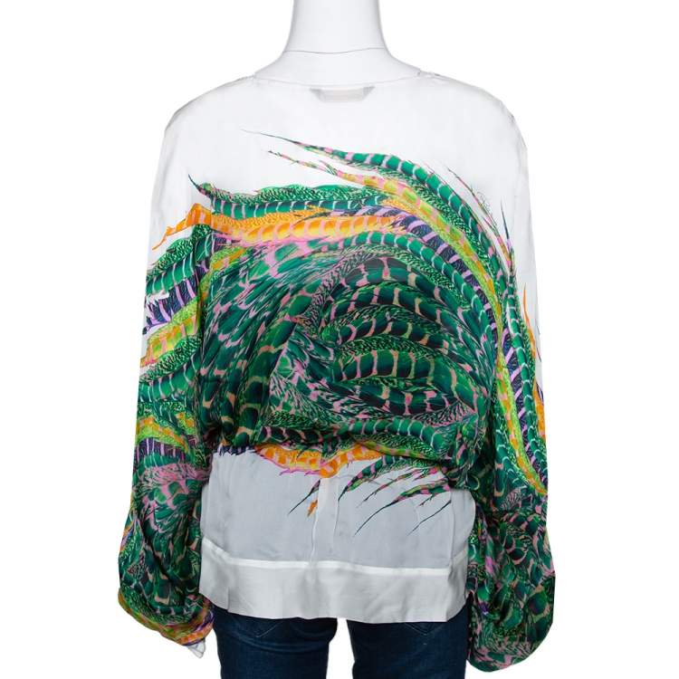 Pre Owned Roberto Cavalli Green Feather Print Silk Kaftan Blouse M