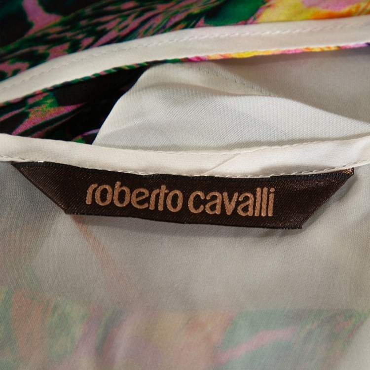 Pre Owned Roberto Cavalli Green Feather Print Silk Kaftan Blouse M