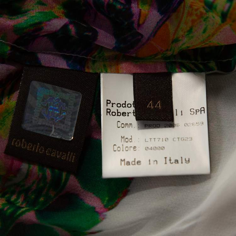 Pre Owned Roberto Cavalli Green Feather Print Silk Kaftan Blouse M