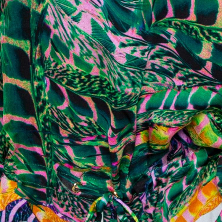 Pre Owned Roberto Cavalli Green Feather Print Silk Kaftan Blouse M