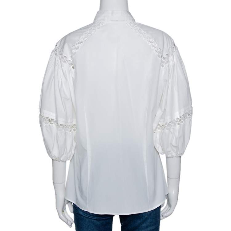 Pre Owned Roberto Cavalli White Cotton Eyelet Lace Trim Blouse L