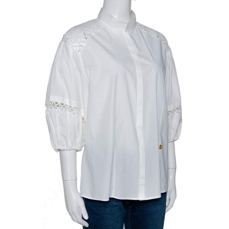 Pre Owned Roberto Cavalli White Cotton Eyelet Lace Trim Blouse L
