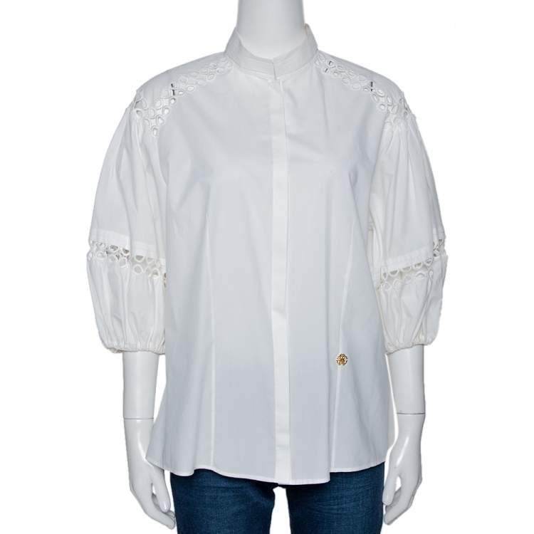Pre Owned Roberto Cavalli White Cotton Eyelet Lace Trim Blouse L