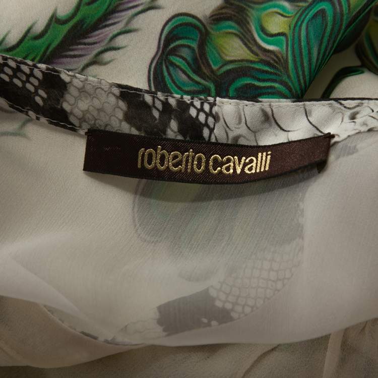 Pre Owned Roberto Cavalli Green Tropical Parrot Print Silk Gathered Dress M