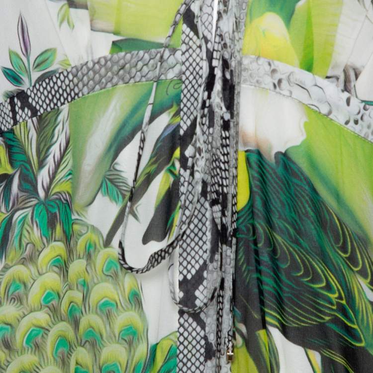 Pre Owned Roberto Cavalli Green Tropical Parrot Print Silk Gathered Dress M