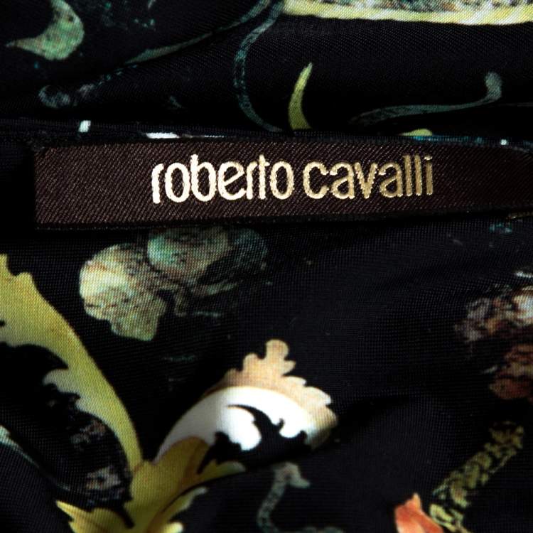 Pre Owned Roberto Cavalli Black Oriental Garden Printed Jersey Floral Brooch Detail Dress M 