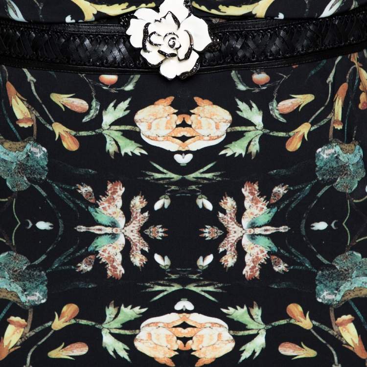 Pre Owned Roberto Cavalli Black Oriental Garden Printed Jersey Floral Brooch Detail Dress M 