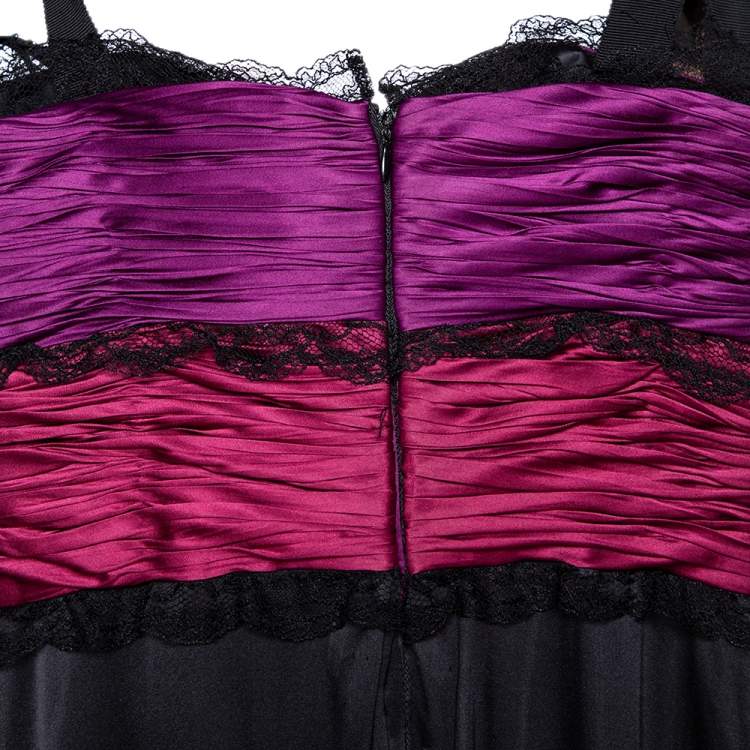 Pre Owned Roberto Cavalli Black Silk Lace Trim Gathered Maxi Dress M
