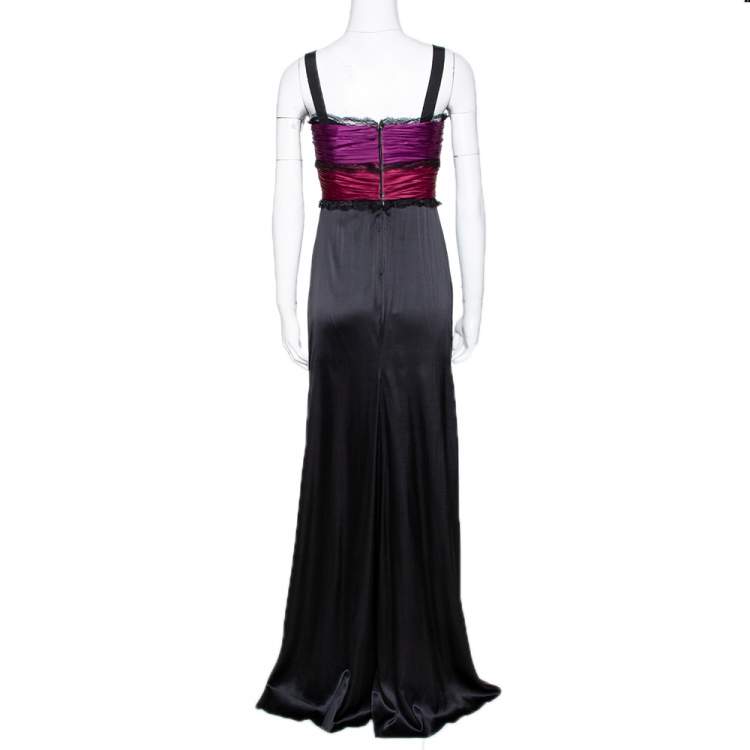 Pre Owned Roberto Cavalli Black Silk Lace Trim Gathered Maxi Dress M