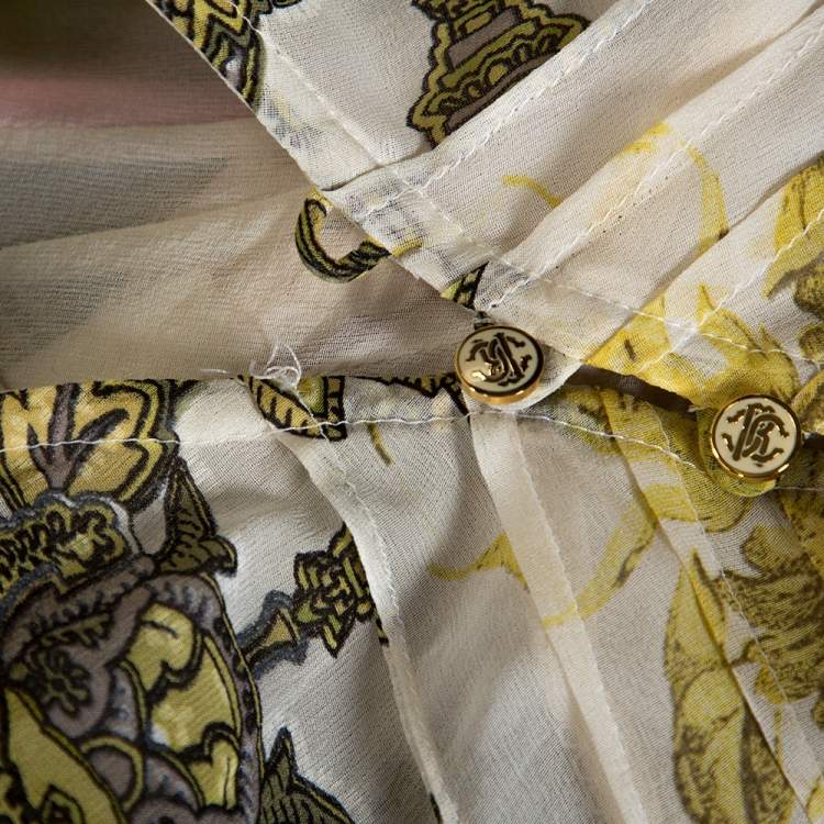 Pre Owned Roberto Cavalli Cream Printed Silk Sheer Halter Top S