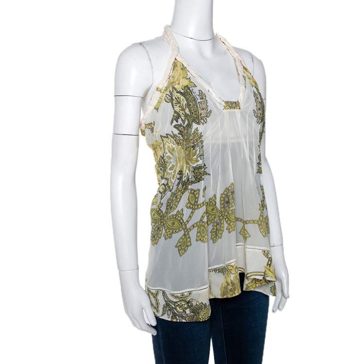 Pre Owned Roberto Cavalli Cream Printed Silk Sheer Halter Top S
