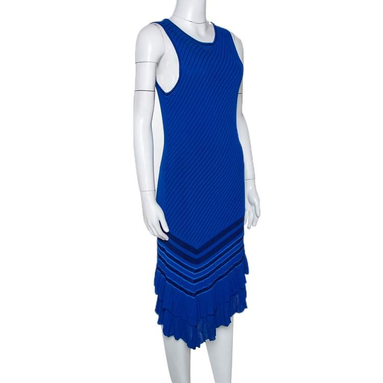 Pre Owned Roberto Cavalli Blue Stretch Knit Asymmetric Hem Dress M