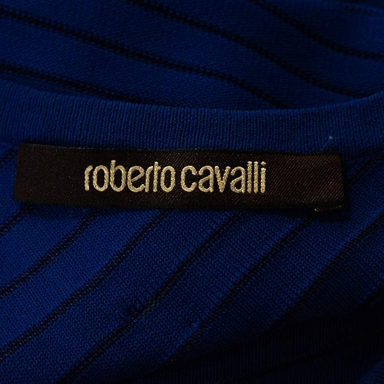 Pre Owned Roberto Cavalli Blue Stretch Knit Asymmetric Hem Dress M