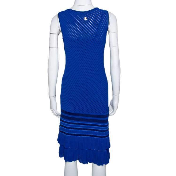 Pre Owned Roberto Cavalli Blue Stretch Knit Asymmetric Hem Dress M