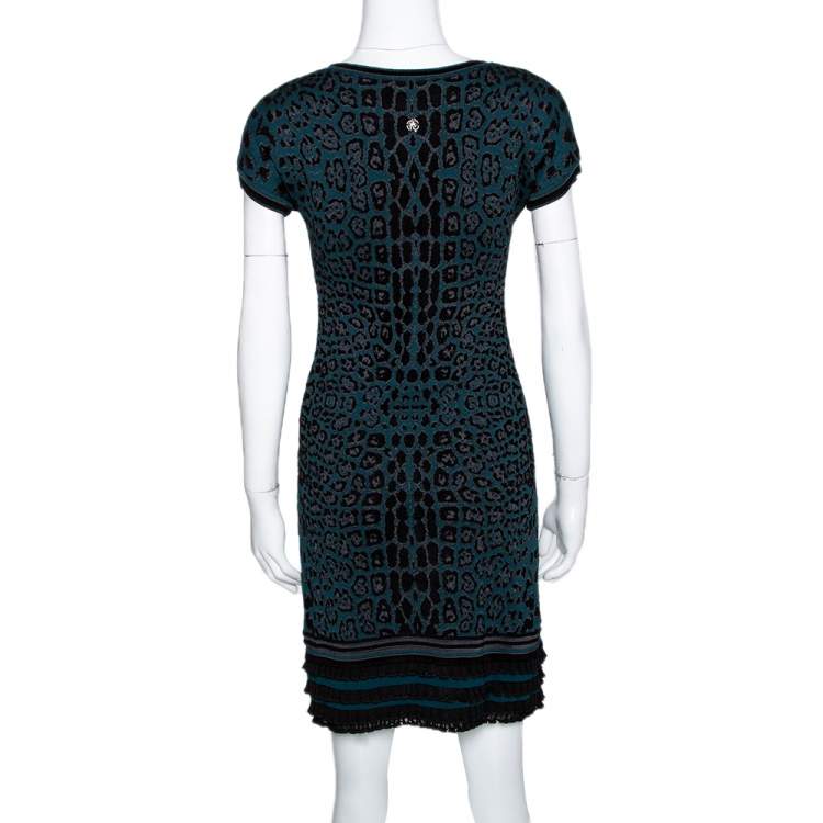 Pre Owned Roberto Cavalli Teal Animal Pattern Jacquard Ruffle Hem Dress M
