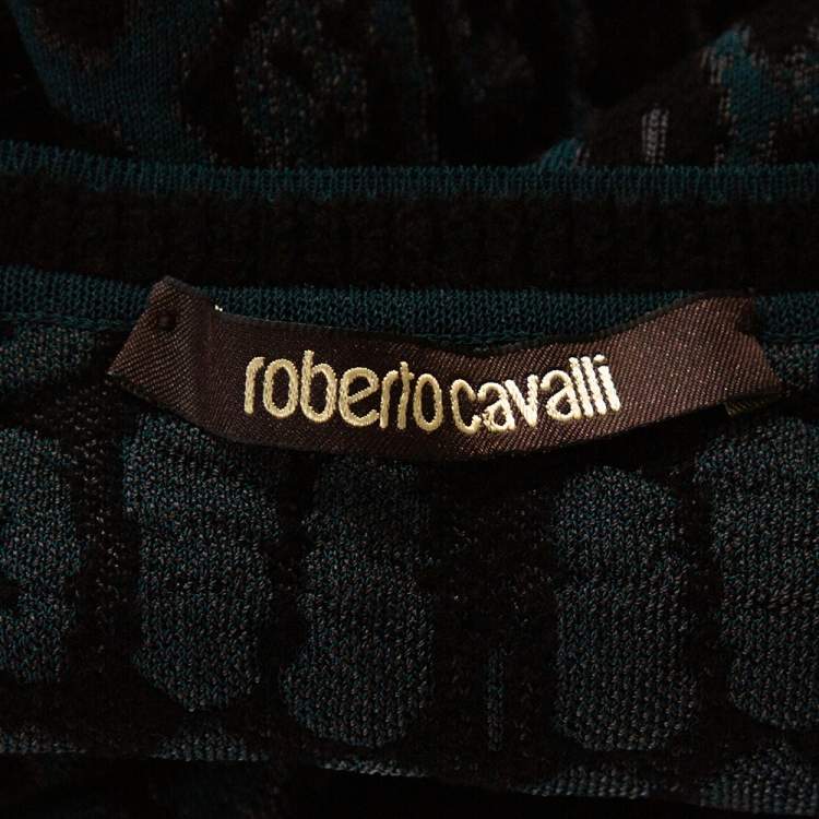 Pre Owned Roberto Cavalli Teal Animal Pattern Jacquard Ruffle Hem Dress M