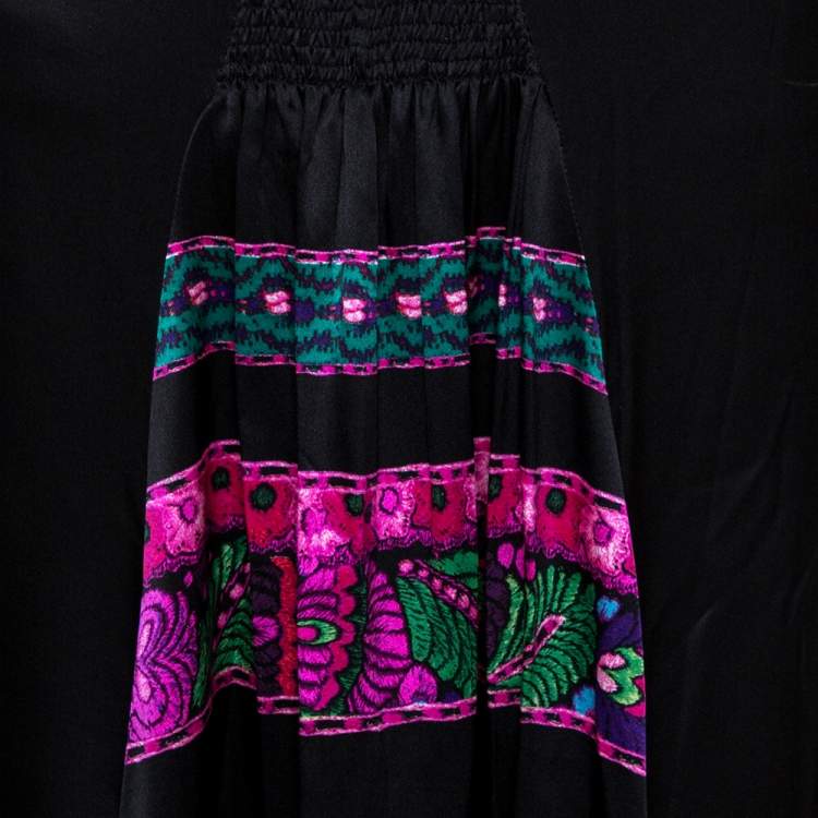 Pre Owned Roberto Cavalli Black Silk Satin Floral Trim Fit & Flare Maxi Skirt M