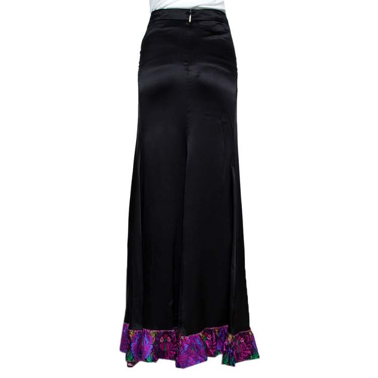 Pre Owned Roberto Cavalli Black Silk Satin Floral Trim Fit & Flare Maxi Skirt M