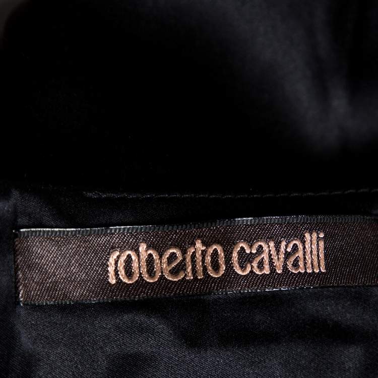 Pre Owned Roberto Cavalli Black Silk Satin Floral Trim Fit & Flare Maxi Skirt M