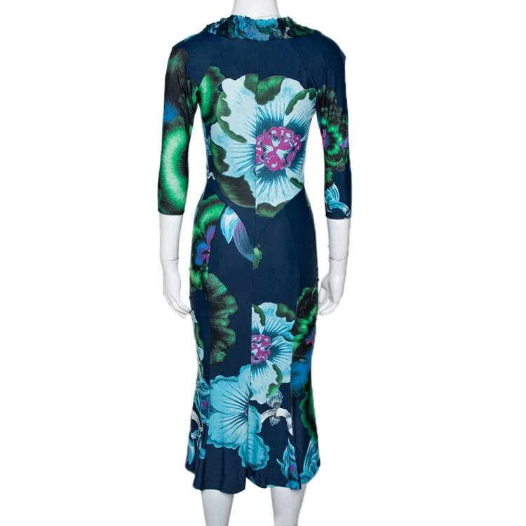 Pre Owned Roberto Cavalli Multicolor Floral Printed Jersey Ruffled Neckline Midi Dress S