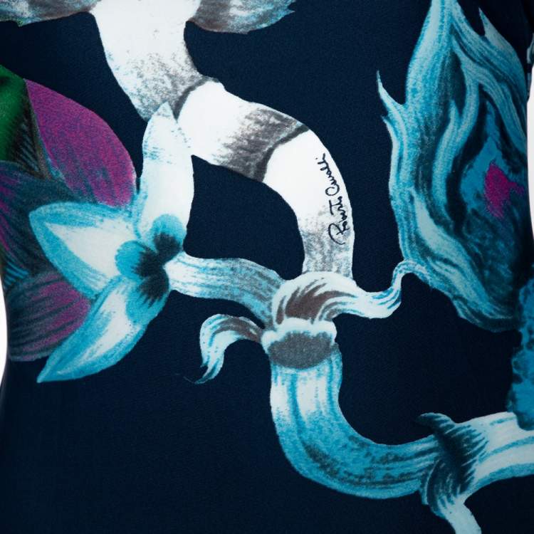 Pre Owned Roberto Cavalli Multicolor Floral Printed Jersey Ruffled Neckline Midi Dress S