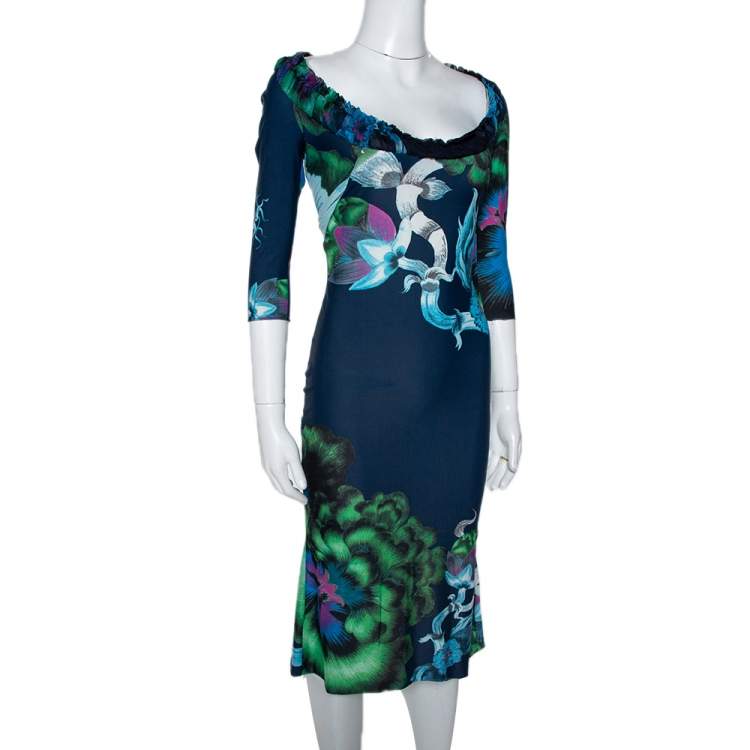 Pre Owned Roberto Cavalli Multicolor Floral Printed Jersey Ruffled Neckline Midi Dress S