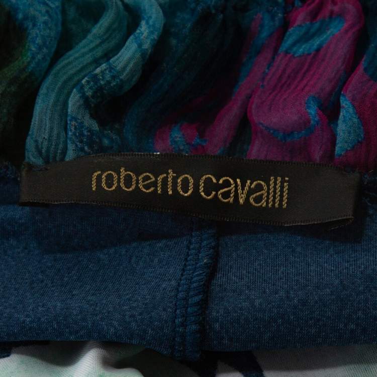 Pre Owned Roberto Cavalli Multicolor Floral Printed Jersey Ruffled Neckline Midi Dress S