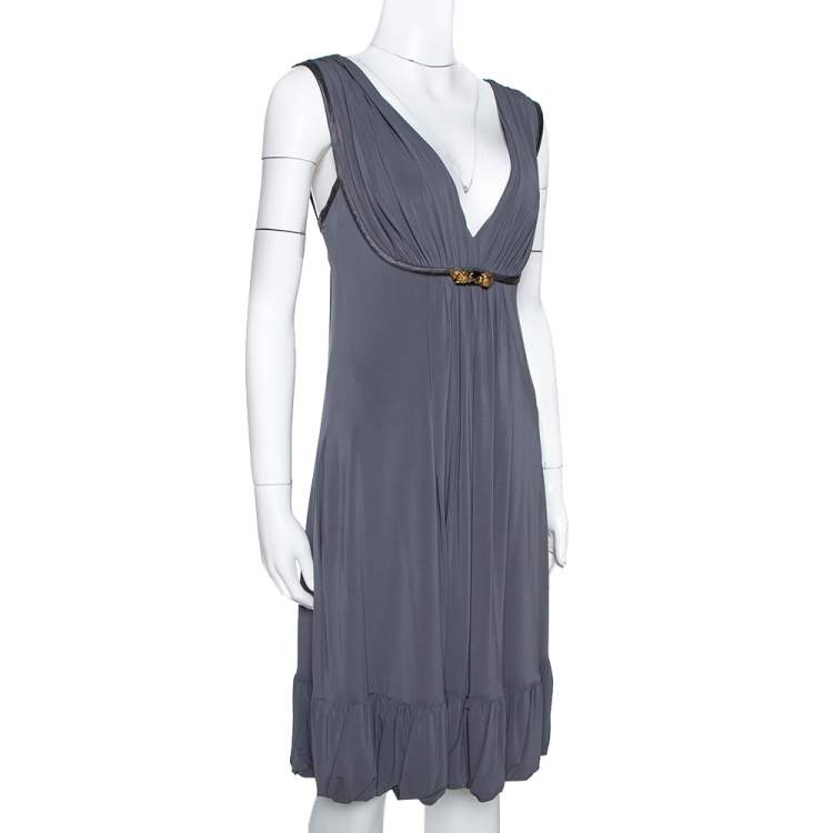 Pre Owned Roberto Cavalli Grey Draped Jersey Brooch Detail Short Dress S