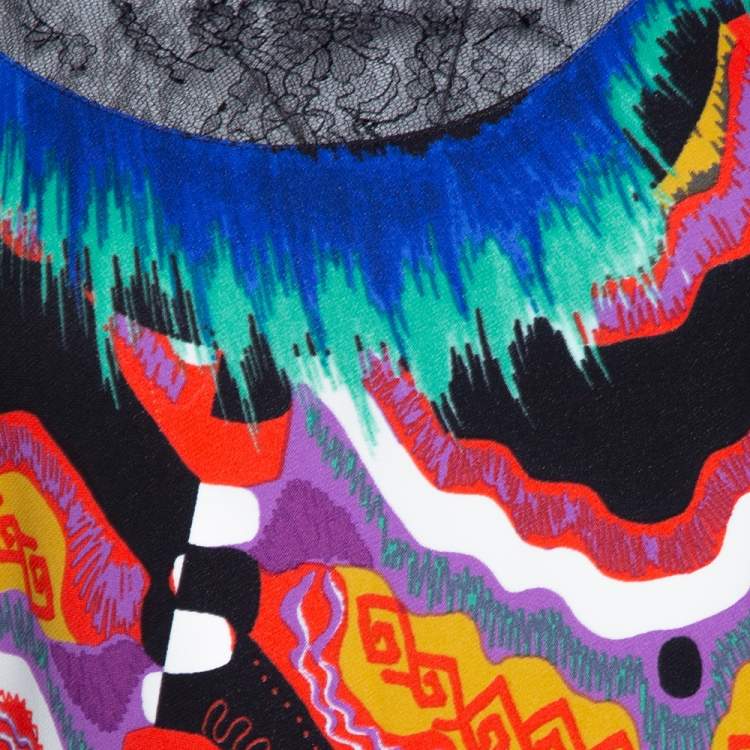 Pre Owned Roberto Cavalli Multicolor Abstract Printed Stretch Crepe Lace Panel Shift Dress M