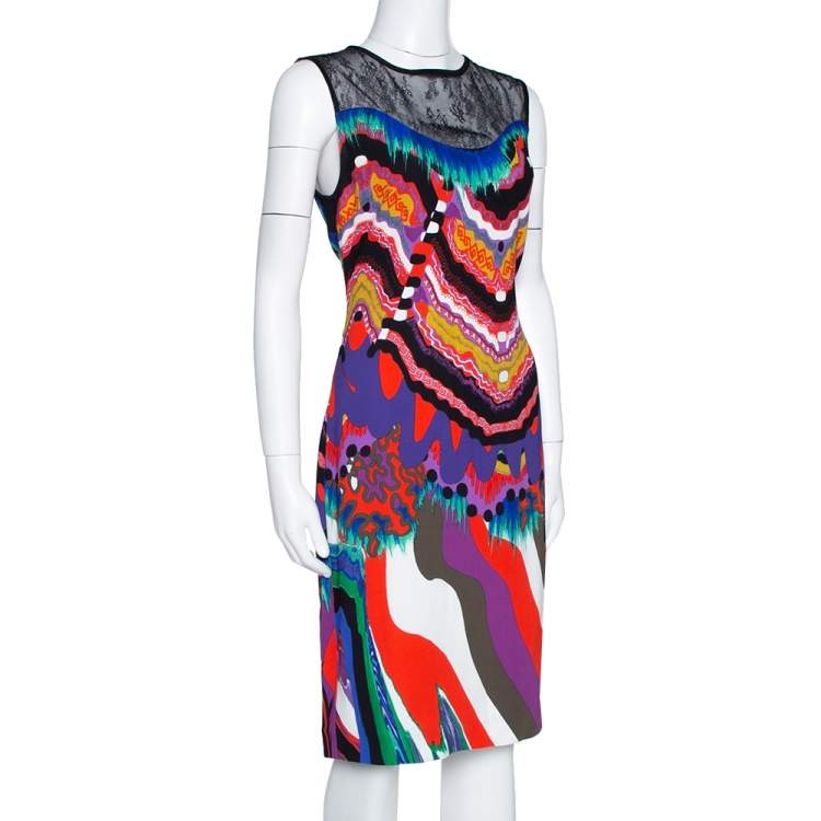 Pre Owned Roberto Cavalli Multicolor Abstract Printed Stretch Crepe Lace Panel Shift Dress M