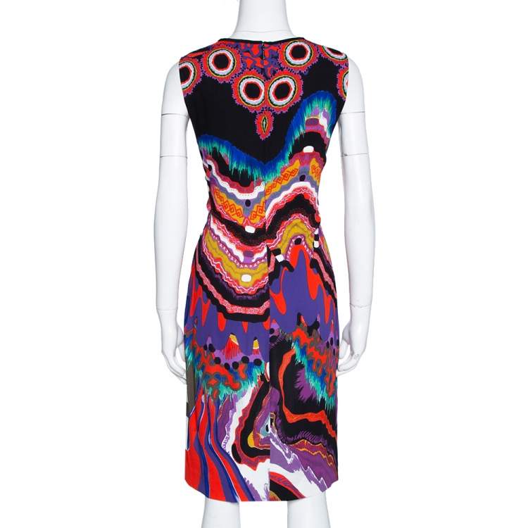 Pre Owned Roberto Cavalli Multicolor Abstract Printed Stretch Crepe Lace Panel Shift Dress M