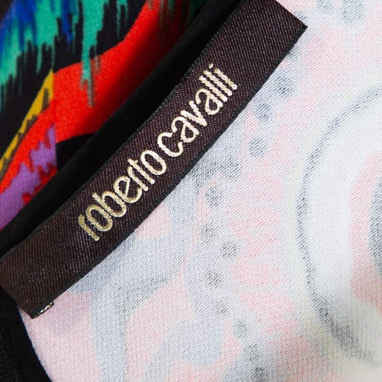 Pre Owned Roberto Cavalli Multicolor Abstract Printed Stretch Crepe Lace Panel Shift Dress M
