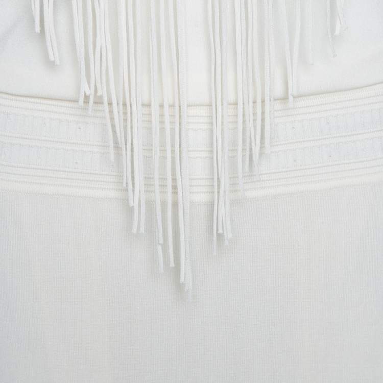 Pre Owned Roberto Cavalli Off White Knit Fringed Sleeveless Maxi Dress M