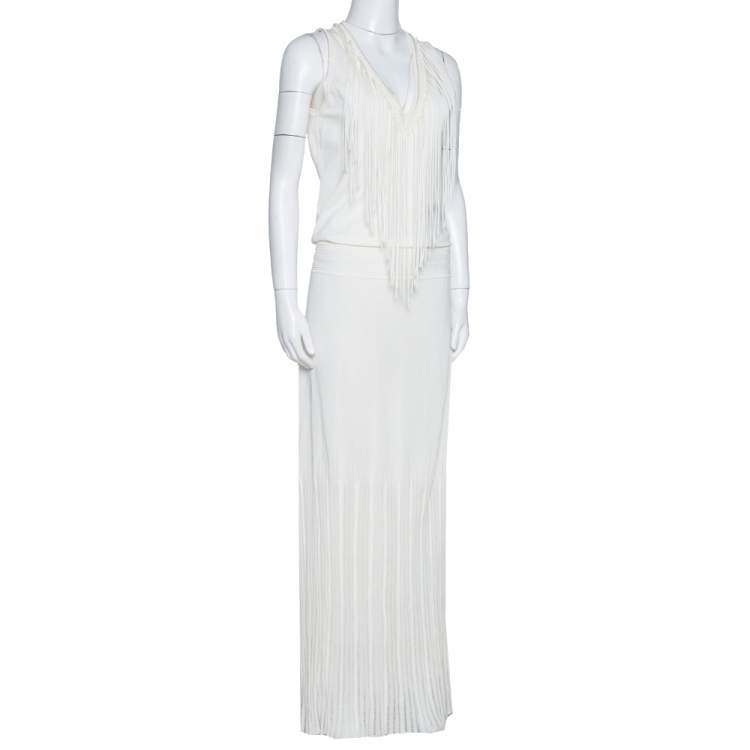 Pre Owned Roberto Cavalli Off White Knit Fringed Sleeveless Maxi Dress M