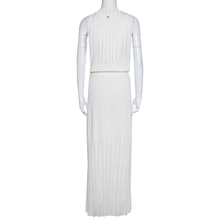 Pre Owned Roberto Cavalli Off White Knit Fringed Sleeveless Maxi Dress M