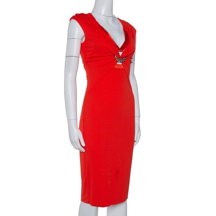 Pre Owned Roberto Cavalli Red Stretch Jersey Brooch Detail Midi Dress S