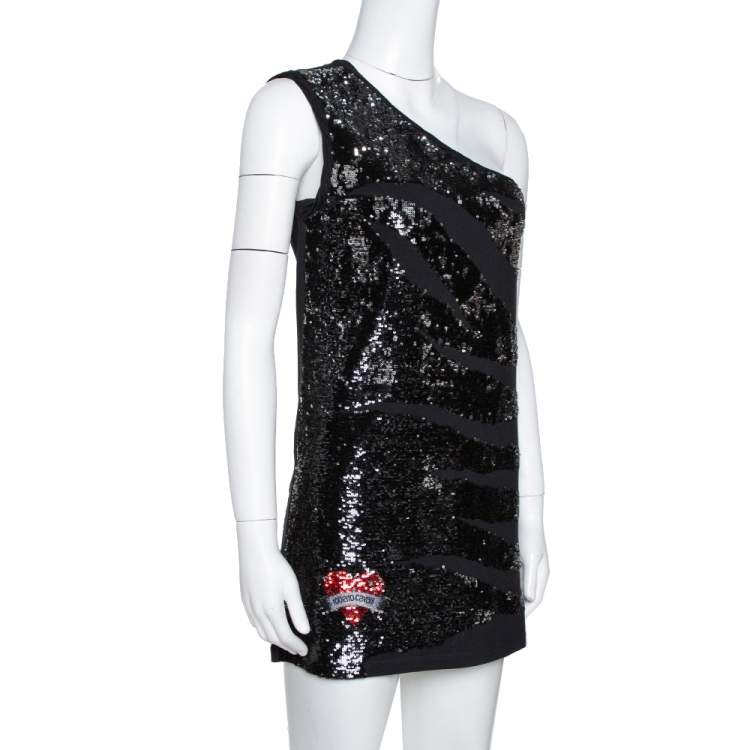 Pre Owned Roberto Cavalli Black Knit Sequined One Shoulder Mini Dress S