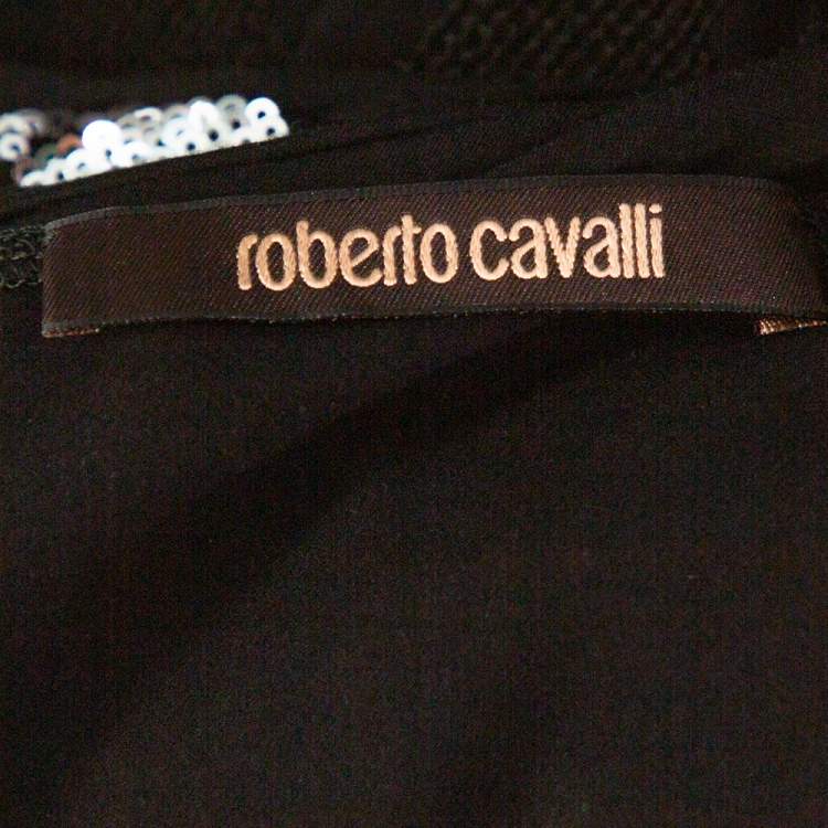 Pre Owned Roberto Cavalli Black Knit Sequined One Shoulder Mini Dress S