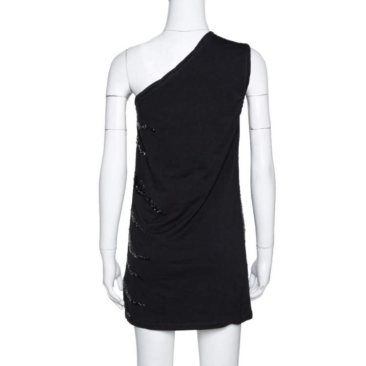 Pre Owned Roberto Cavalli Black Knit Sequined One Shoulder Mini Dress S